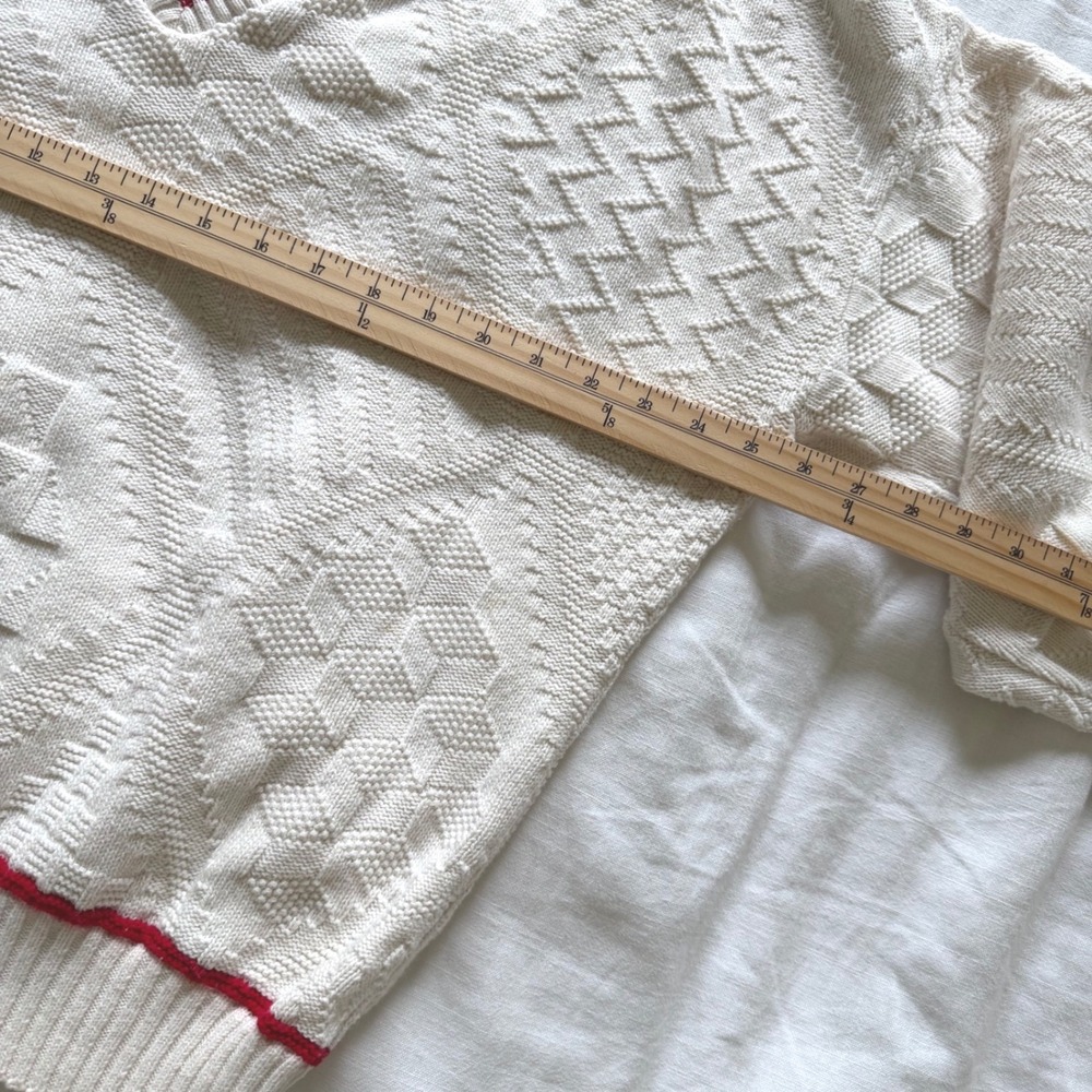 Vintage 80's V-Neck Cotton Knit Sweater Cream Red Stripe Varsity Made in USA XL - Picture 6 of 6